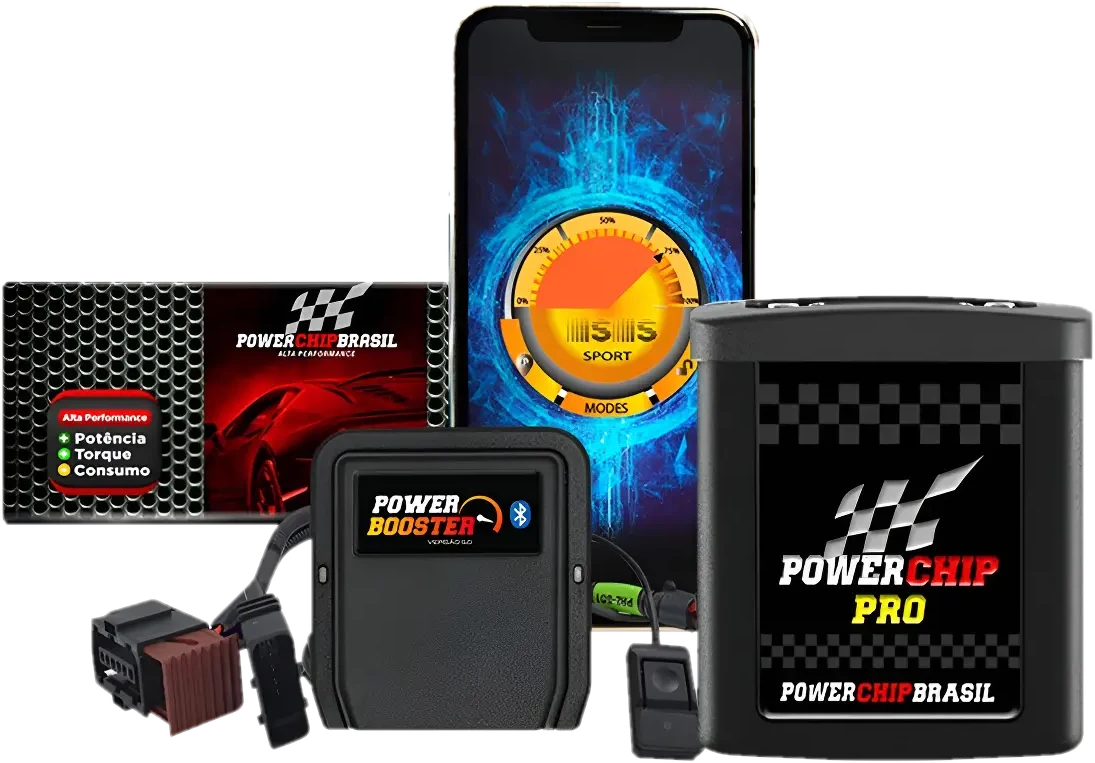 Power Chip PRO, Power Booster V5 com botão e chicote, aplicativo no celular e a caixa do produto